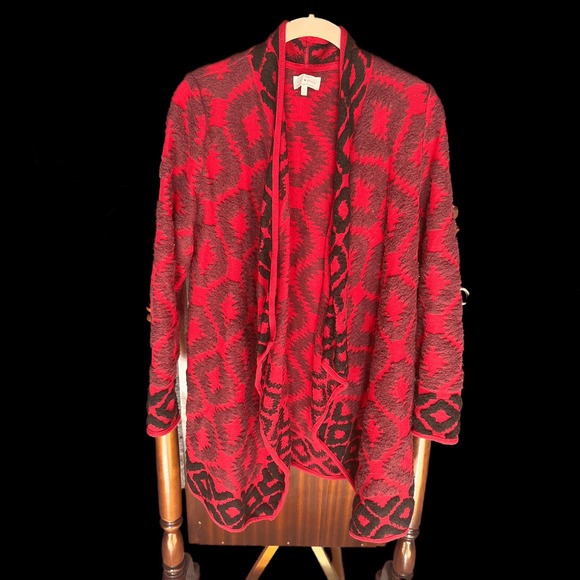 Lucky Brand aztec southwestern tribal red knit open front sweater cardigan Small - Picture 1 of 9